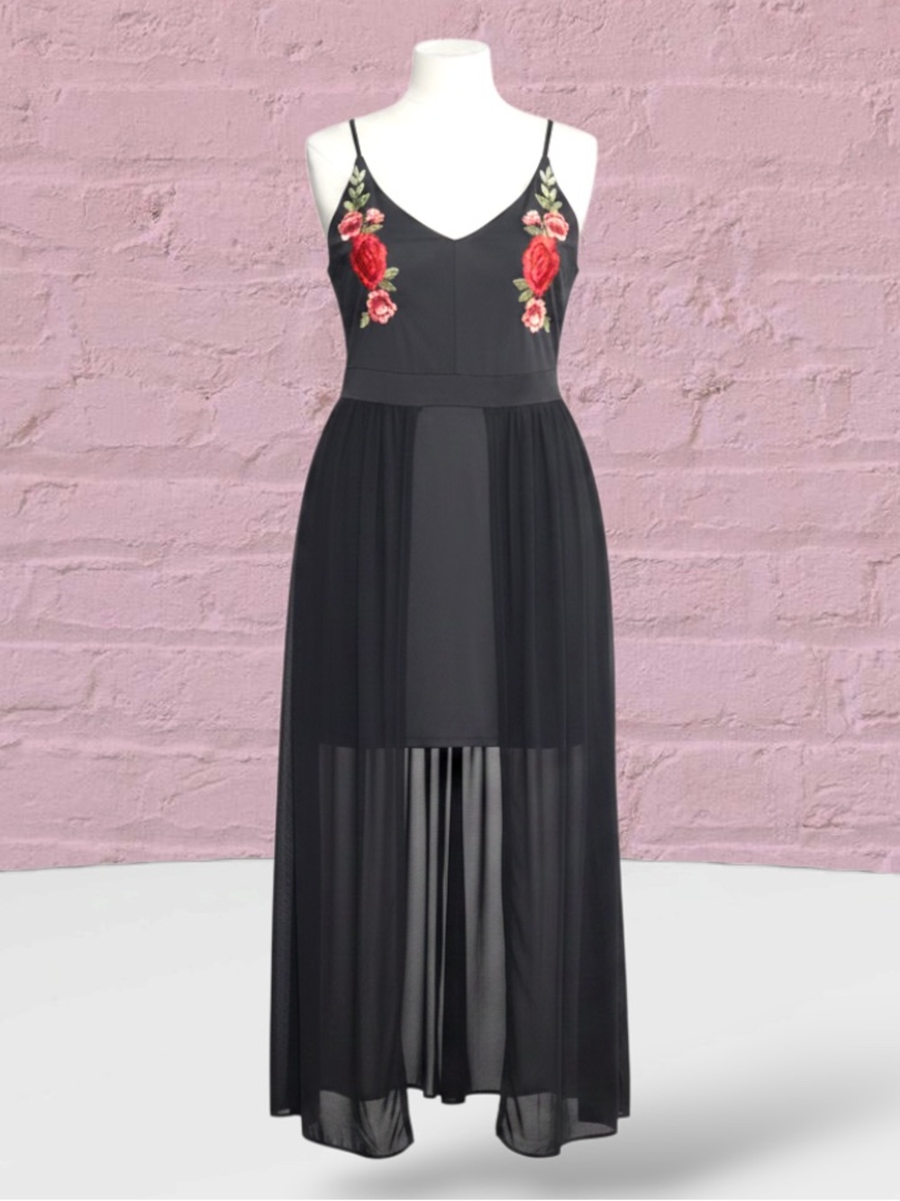 Elegant Black Floral Embroidered Maxi Dress